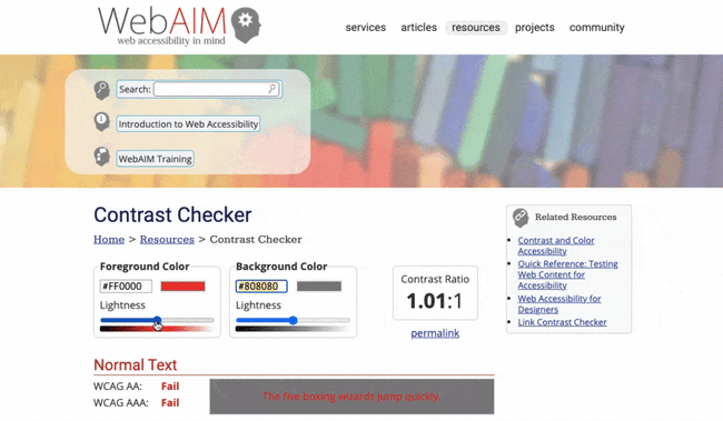 Moving sliders to change text and background colors with Contrast Checker tool until they pass WCAG guidelines